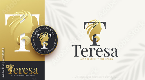 beauty salon letter t woman silhouette logo design