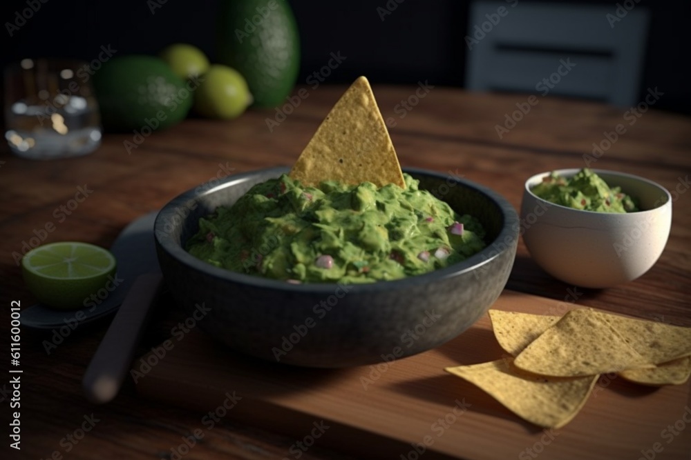 Guacamole with avocado and nacho chips on a wooden table, on dark background. AI generated Guacamole with avocado and nacho chips on a wooden table, on dark background. AI generated