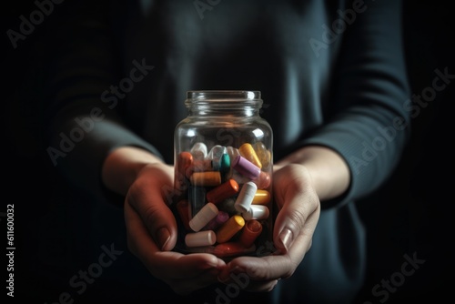 Jar pills hands medicine. Generate Ai
