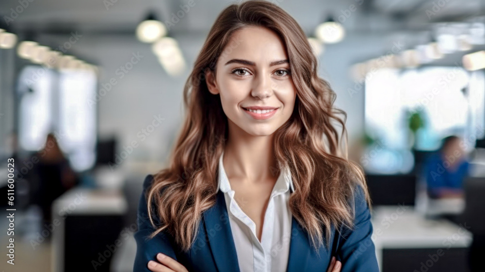 Young Successful and good-looking Woman Team Leader Start-up CEO Lawyer Boss in an office with Staff Generative AI Digital Art Background Illustration - obrazy, fototapety, plakaty 