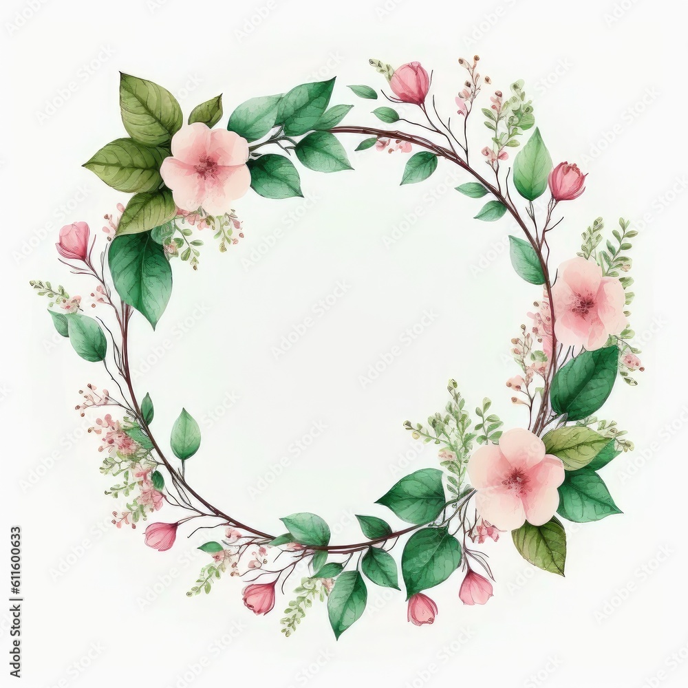 Circle shape frame of pink flower and green leaves with watercolor ...