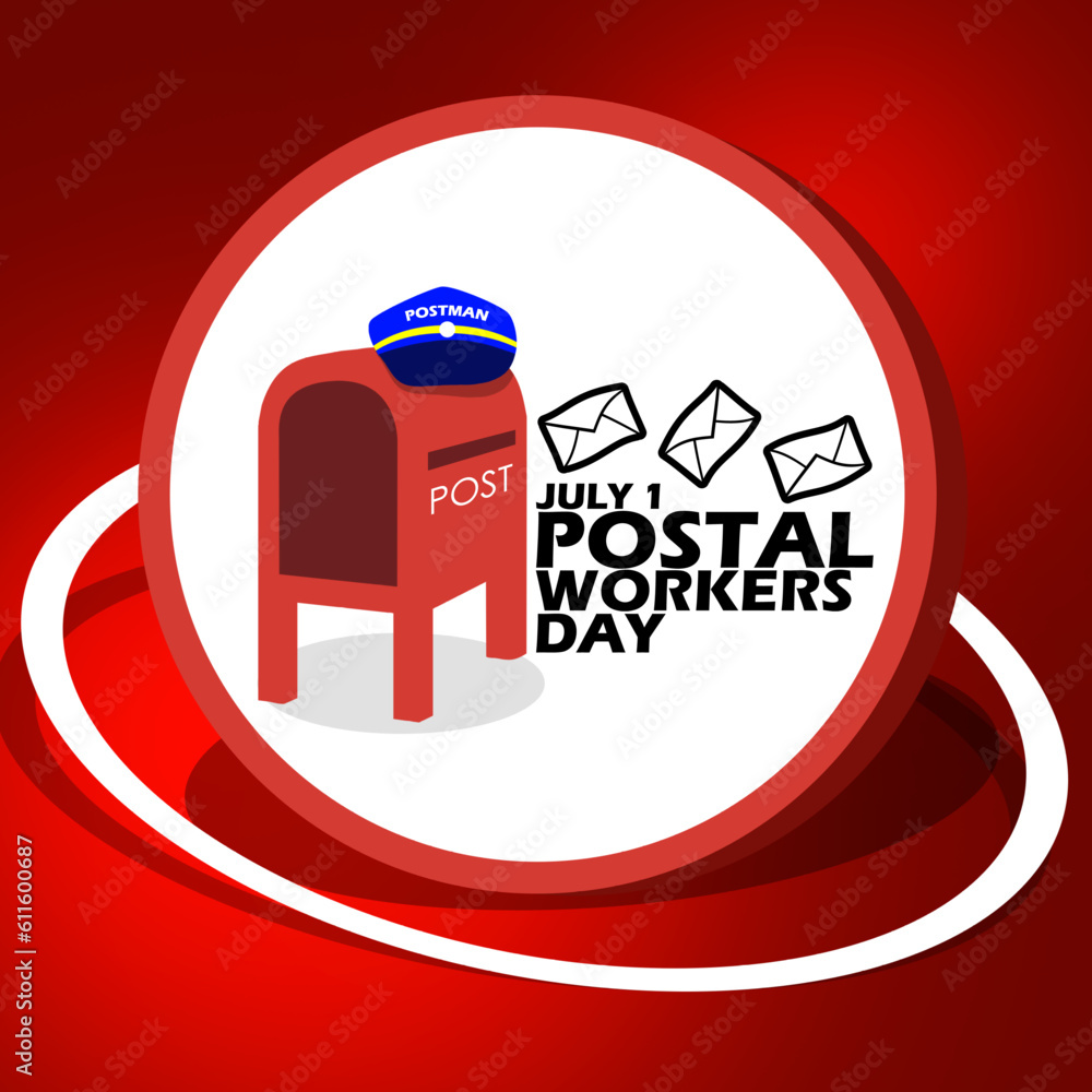A red postbox with a postman's hat, flying letters and bold text in