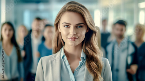Young Successful and good-looking Woman Team Leader Start-up CEO Lawyer Boss in an office with Staff Generative AI Digital Art Background Illustration