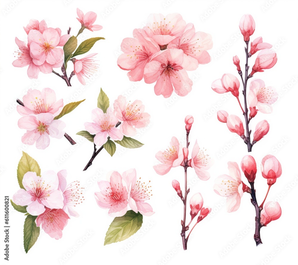 set of beautiful flowers watercolor flowers pink cherry blossom collection cherry blossom branch