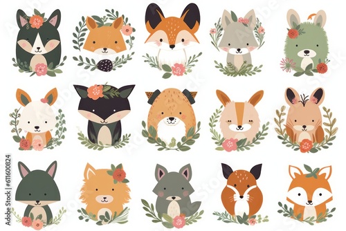 Collection of adorable woodland creatures, floral, lush foliage and blooming flowers. Ideal for nursery decor, children's books, fabric patterns, or greeting cards. Generative AI