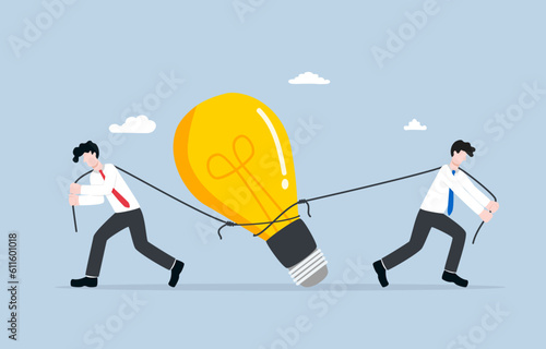 Scramble for business idea, intellectual property conflict, legal dispute regarding infringement of patent or trade secret concept, Businessmans dragging idea light bulb in opposite directions.