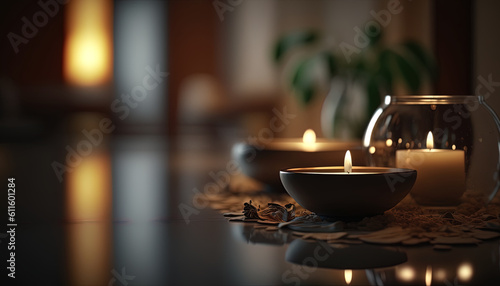 Spa settings with burning candles, soft gradient light and blurred background