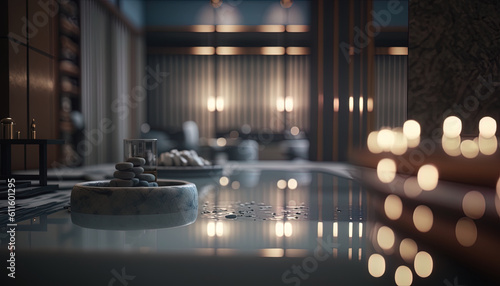 Spa interior settings with zen stones, pool, soft light and blurred background