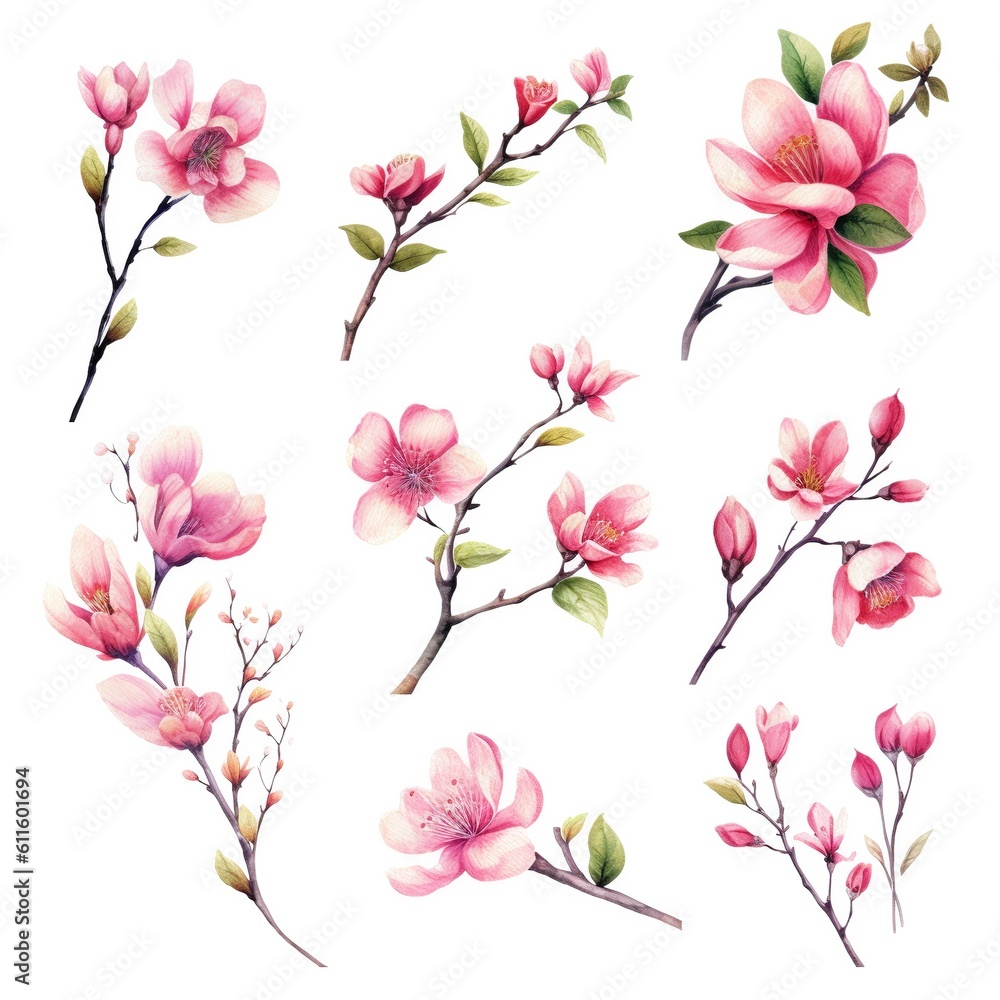 set of beautiful flowers watercolor flowers pink cherry blossom collection pink cherry blossom on white