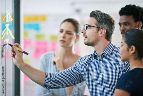 Obraz na plátně Leader, brainstorming and team design a creative idea in collaboration together in a meeting and planning a strategy