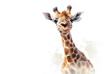 Adorable baby giraffe with big smile, on white background, perfect for a nursery. Generative AI