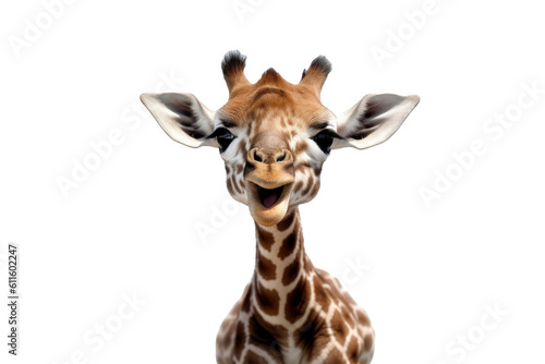 Adorable baby giraffe with big smile, on white background, perfect for a nursery. Generative AI