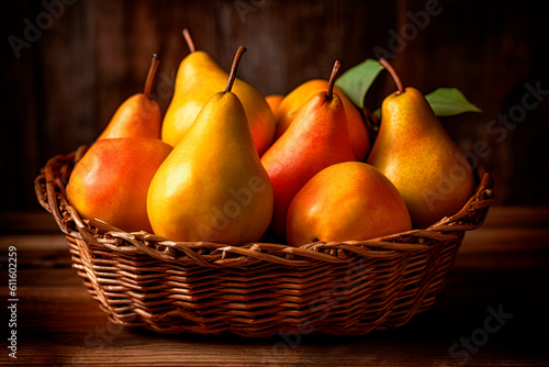 A basket of pears sitting on top of a wooden table. Generative AI