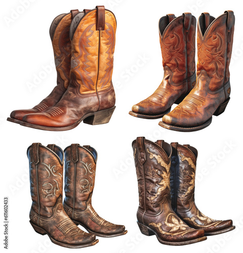 leather cowboy boots with different motifs carved into the leather on a transparent background, Generative AI