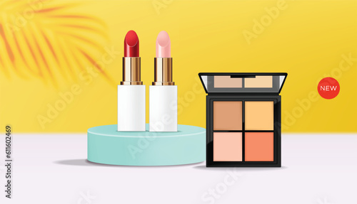 Realistic cosmetics make up set, collection makeup product, powder, lipstick,vector facial set