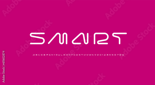 Technical wide round future font, digital cyber alphabet, trendy original white uppercase letters from A to Z and numbers from 0 to 9 for interface design, vector illustration 10EPS