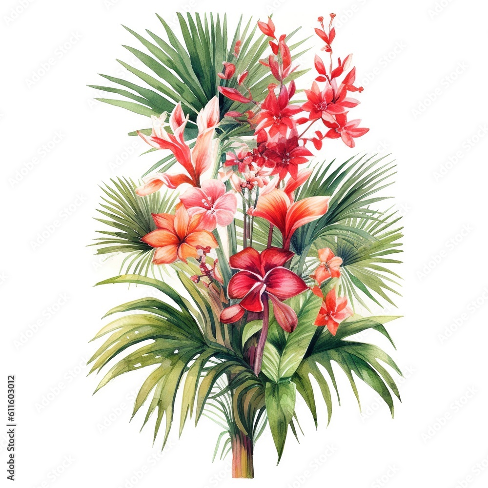Obraz premium Tropical leaves palm and heliconia bouquet of red flowers