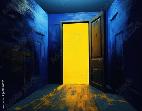 yellow door is open in the dark roomб in the style of surrealistic horror Generative AI