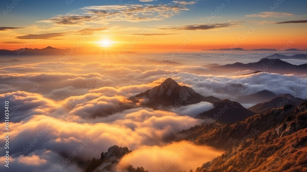 Fototapeta premium Sunrise in a sea of clouds. Generative AI