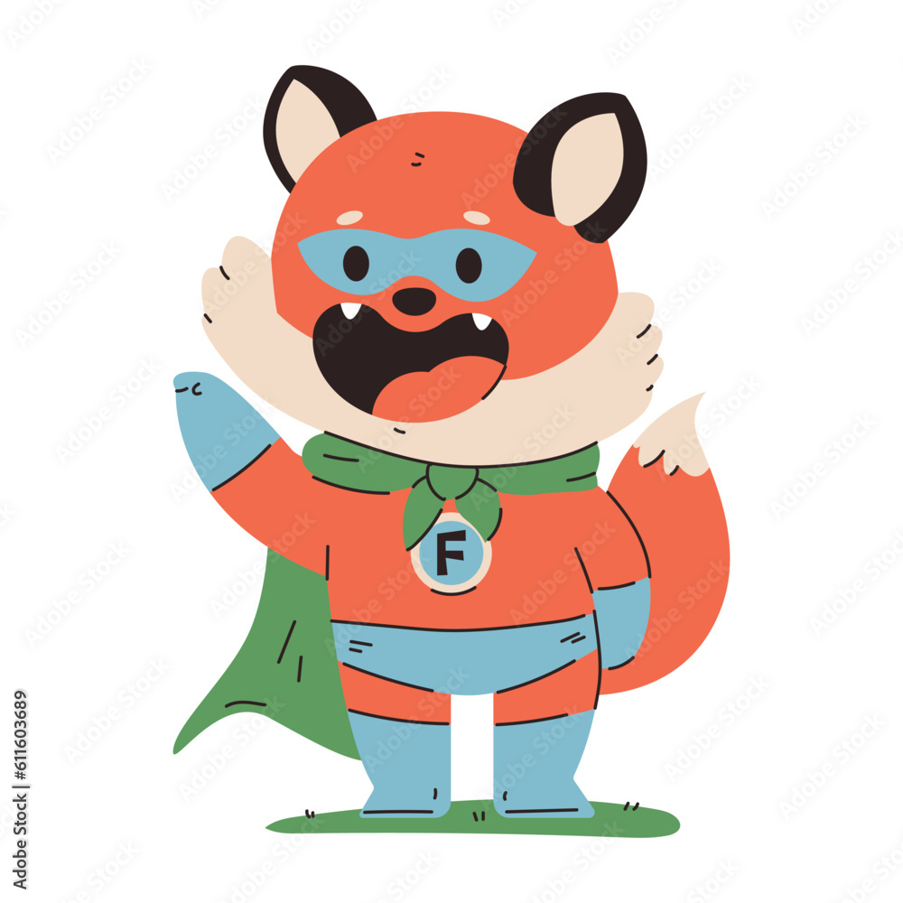 Naklejka premium Cute baby fox in superhero costume vector cartoon character isolated on a white background.