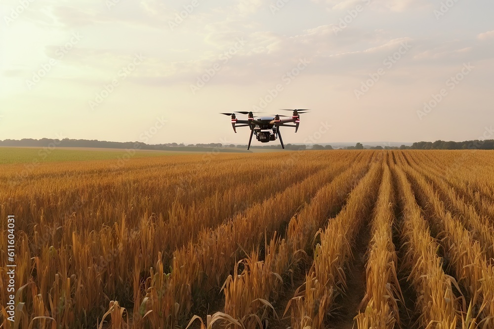 Digital futuristic farming. Drone technology revolutionizing corn industry in serene summer landscape Digital futuristic farming. Drone technology revolutionizing corn industry in serene summer landscape