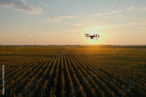 Digital futuristic farming. Drone technology revolutionizing corn industry in serene summer landscape