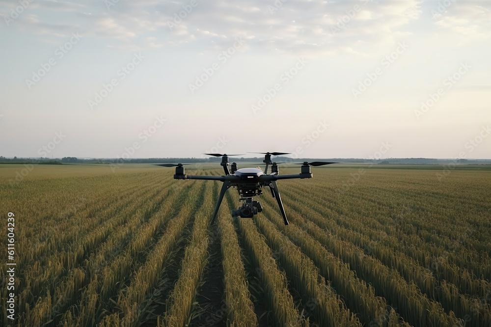 Digital futuristic farming. Drone technology revolutionizing corn industry in serene summer landscape Digital futuristic farming. Drone technology revolutionizing corn industry in serene summer landscape