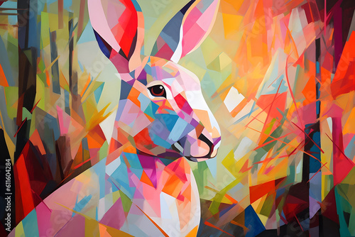 A beautiful rabbit, modern artwork, abstract colorful painting with geometric shapes. Hand drawn digital painting. Generative AI