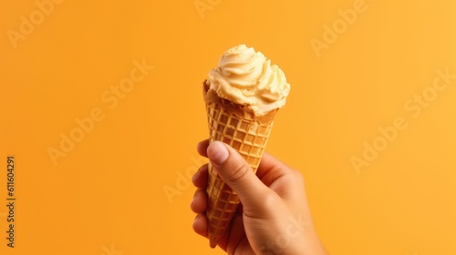 Hand holding waffle cone with delicious ice cream on studio background. Generative AI