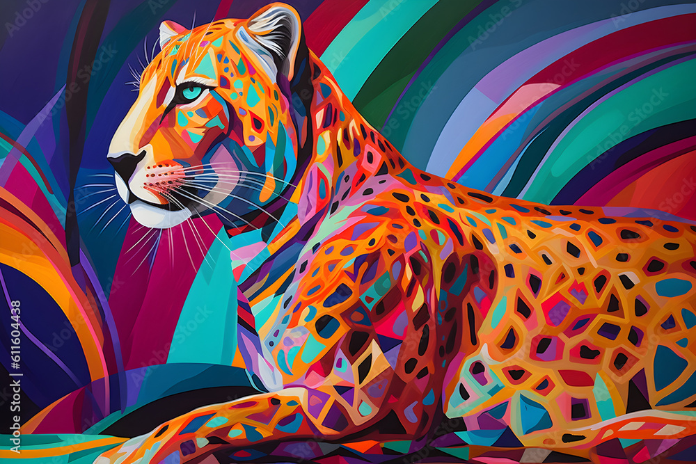 A beautiful cheetah, modern artwork, abstract colorful painting with geometric shapes. Hand drawn digital painting. Generative AI