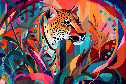 A beautiful cheetah, modern artwork, abstract colorful painting with geometric shapes. Hand drawn digital painting. Generative AI