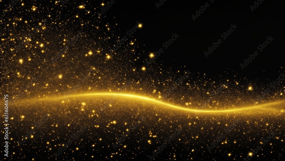 Digital Gold Particles Wave and light abstract background with shining floor particle stars dust. Futuristic glittering Luxury golden sparkling on black background, generative ai - obrazy, fototapety, plakaty 