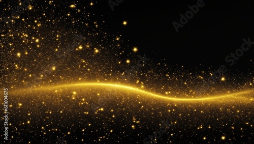 Digital Gold Particles Wave and light abstract background with shining floor particle stars dust. Futuristic glittering Luxury golden sparkling on black background, generative ai #611604675