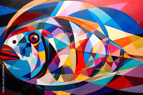 A beautiful fish, modern artwork, abstract colorful painting with geometric shapes. Hand drawn digital painting. Generative AI
