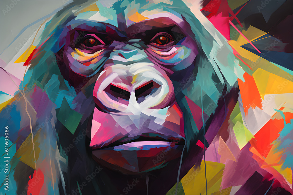 A beautiful gorilla, modern artwork, abstract colorful painting with geometric shapes. Hand drawn digital painting. Generative AI