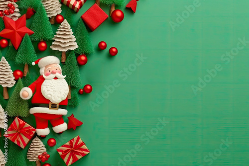 Green Christmas background with Christmas balls, gifts, fir tree branches and Santa claus. X-Mas concept banner with negative space.