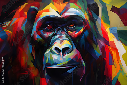 A beautiful gorilla, modern artwork, abstract colorful painting with geometric shapes. Hand drawn digital painting. Generative AI photo