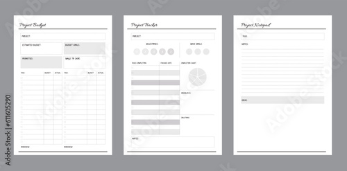 the project budget tracker notepad Planner. Minimalist planner template set. Vector illustration.	 
