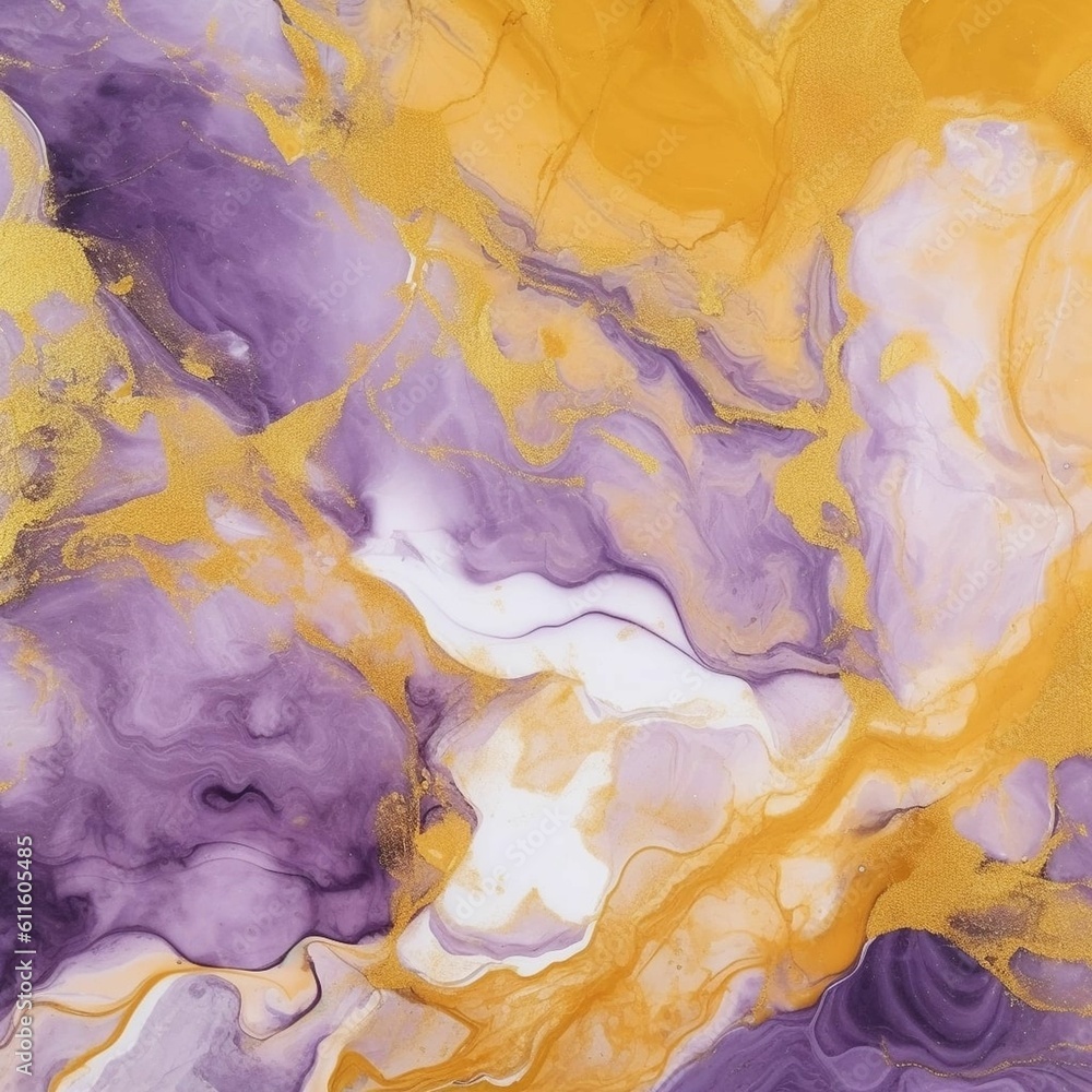 Abstract background with liquid purple and yellow splashes in flat style. Marble bright colored background for web or advertising