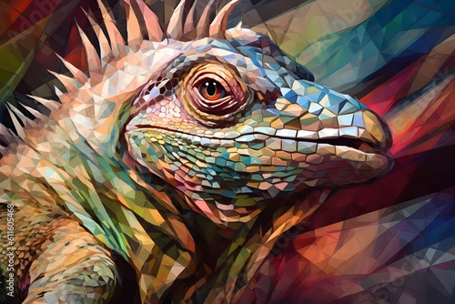 A beautiful iguana  modern artwork  abstract colorful painting with geometric shapes. Hand drawn digital painting. Generative AI