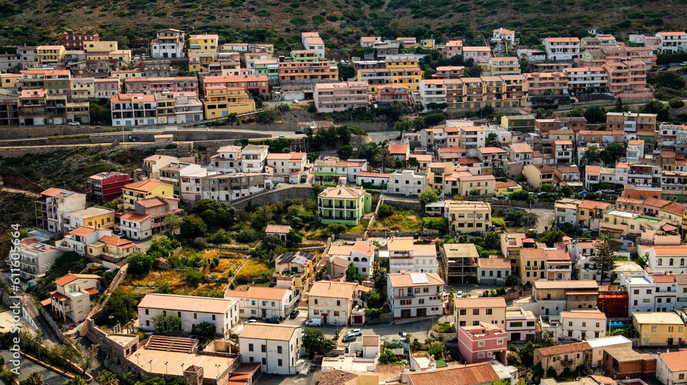 Cityscape of Buggerru city in Mediterranean Sea in South Sardinia