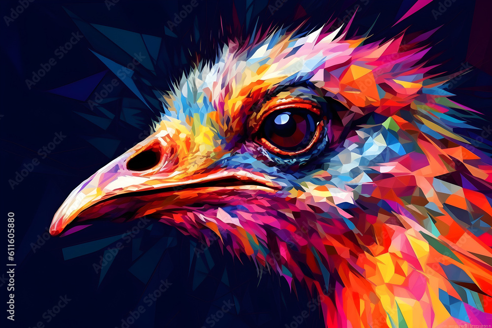 A beautiful ostrich, modern artwork, abstract colorful painting with geometric shapes. Hand drawn digital painting. Generative AI
