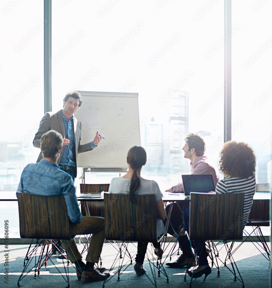 © Tabitha Rose/peopleimages.com - Meeting, education and whiteboard with a business man in the boardroom for training or coaching presentation. Workshop, management or leadership with a male employee teaching to his team in an office