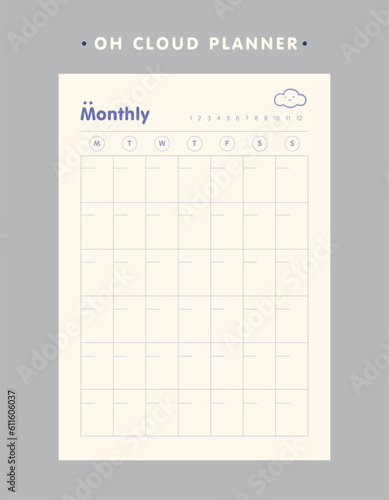 Monthly planner. (Cloud) Minimalist planner template set. Vector illustration. 