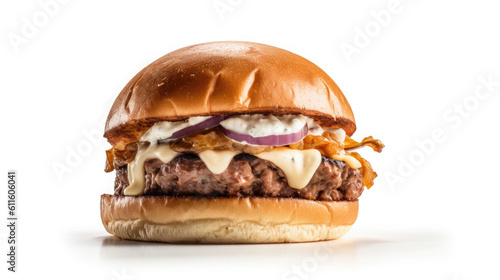 Side view of Burger on a white background with beef and cream cheese realistic close-up photo generative ai