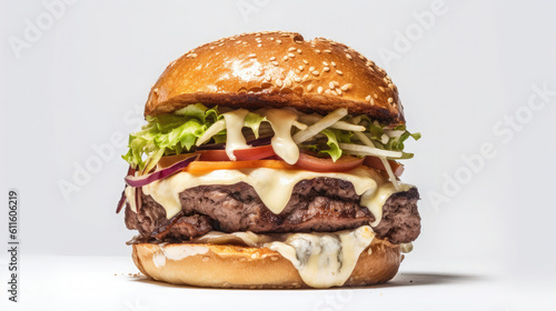 Side view of a burger on a dark rustic background with beef and cream cheese realistic close-up photo generative ai