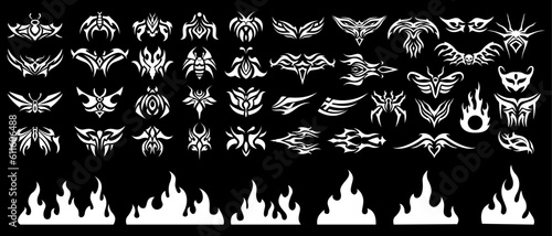 Succubus Y2K womb tattoo. fire flames in neo tribal style for tattoo and vehicle decoration design vector set illustration.