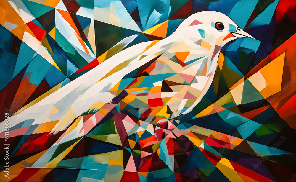 Obraz premium A beautiful white dove, modern artwork, abstract colorful painting with geometric shapes. Hand drawn digital painting. Generative AI