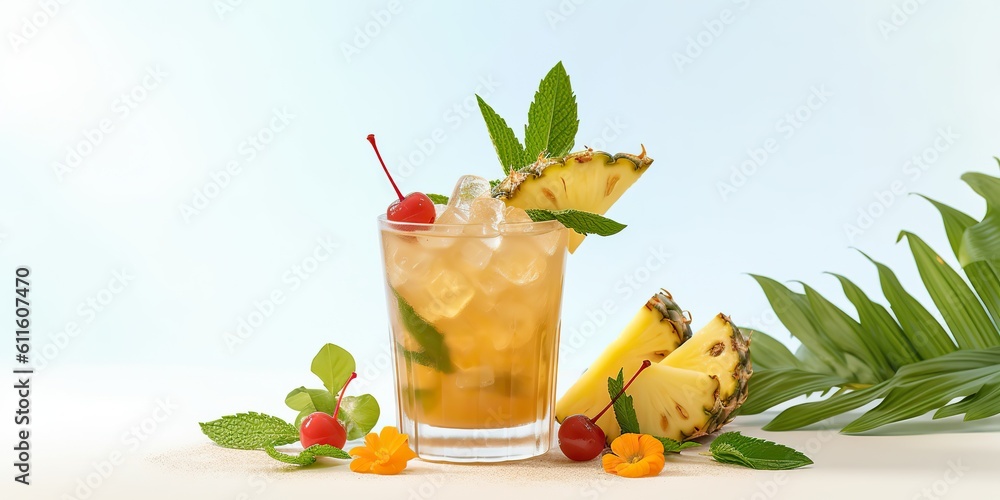 Fototapeta premium AI Generated. AI Generative. Traditional summer yellow tropical cocktail mai tai. Party vacation relax chill vibe. Graphic Art Illustration