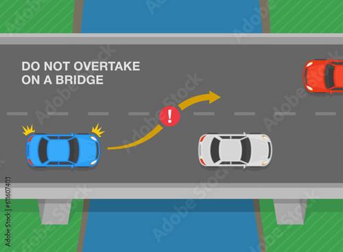 Safe driving tips and traffic regulation rules. Blue car is passing the other car. Do not overtake on a bridge. Flat vector illustration template.